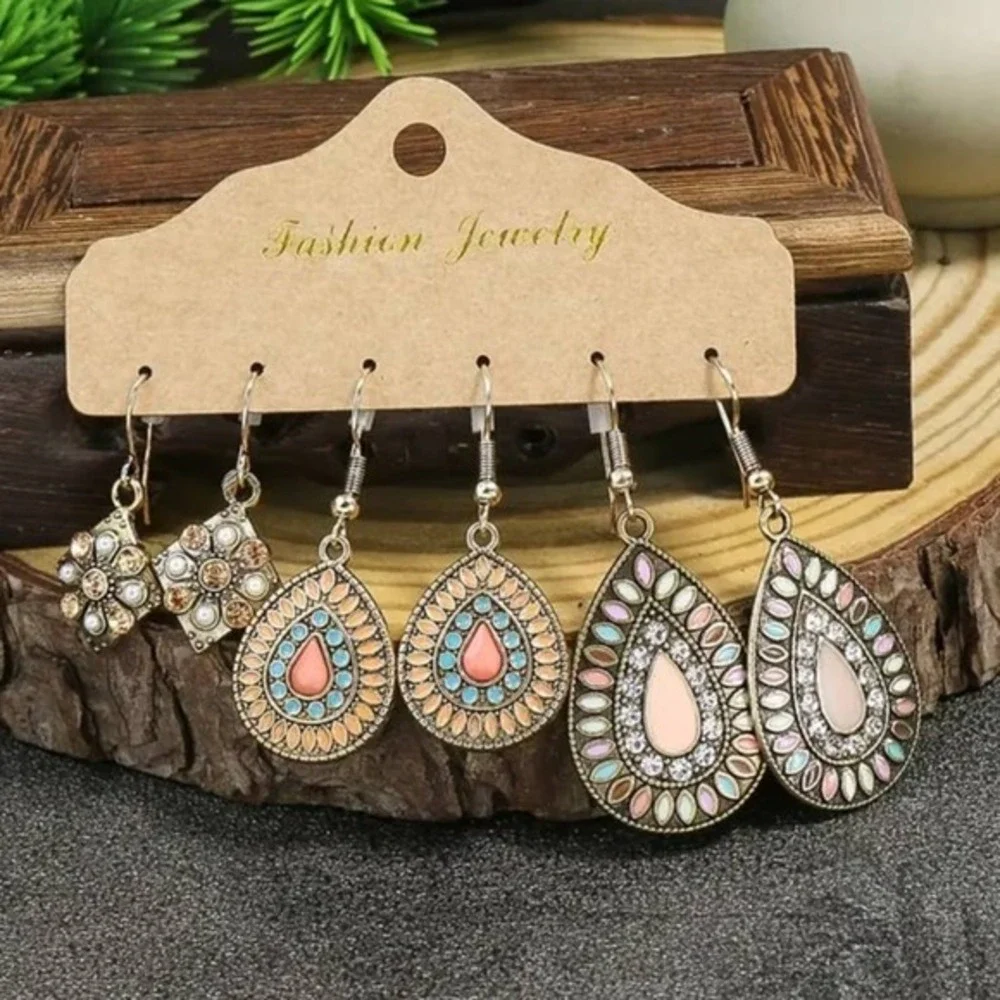 Multi-colored Earrings Set Round‎ Drop-shaped Flower Set Turquoise